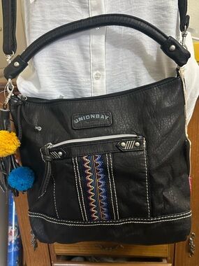 UNIONBAY Black Shoulder Bag with Multicolor Embroidered Stripe